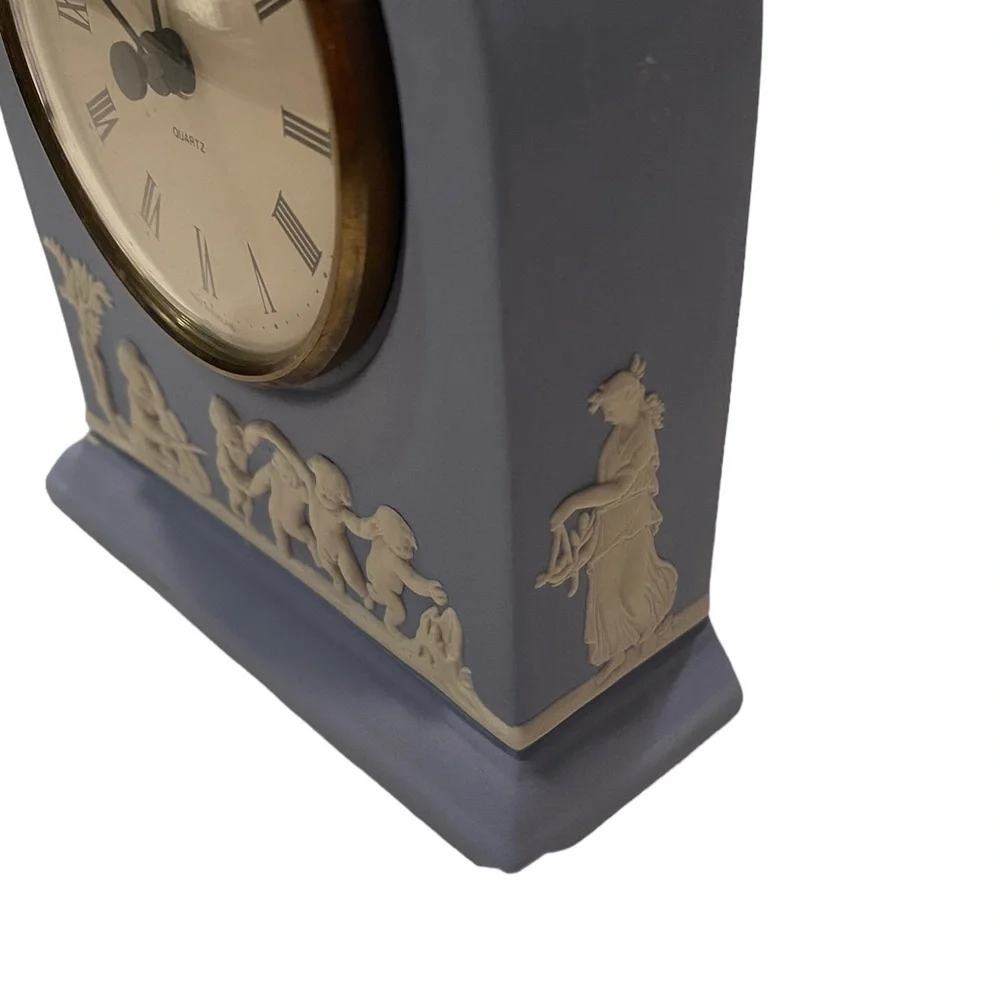 Wedgwood Portland Blue Jasperware Dome Mantel Clock with Cherubs Roman Numerals